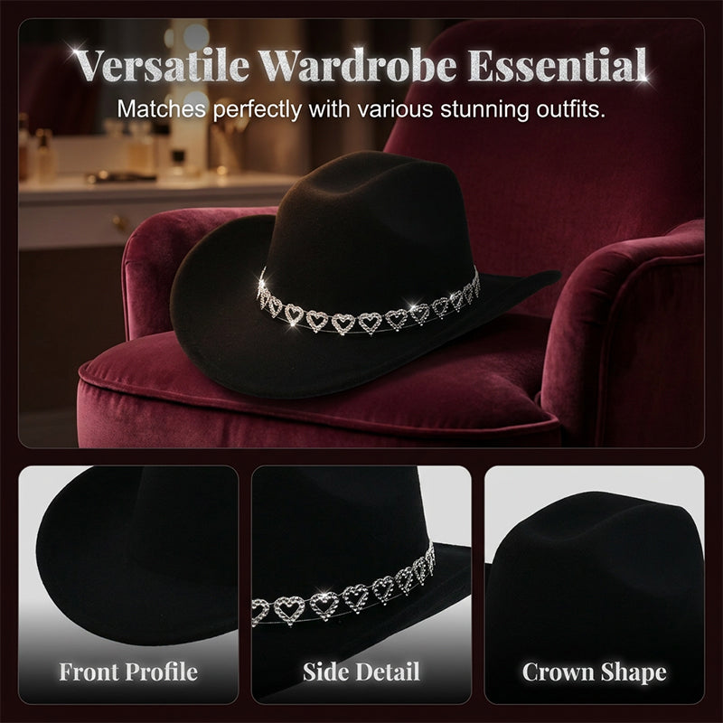 üëí Women's Rhinestone Heart Cowboy Hat Elegant French Jazz Fedora‚ù§Ô∏è