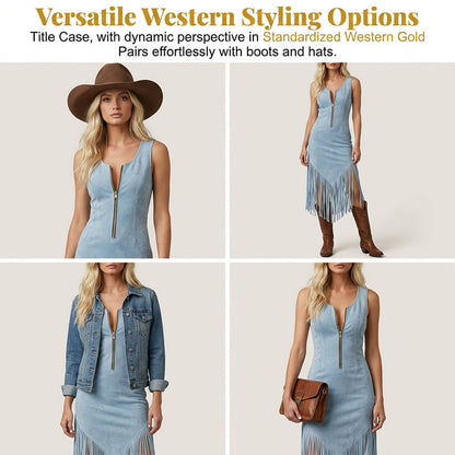 ü§† Retro Western Tassel Sleeveless Slim Dress ‚Äì Fringe Hem, Front Zipper, Cowgirl Style üåµ