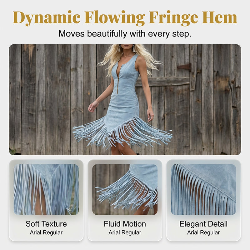 ü§† Retro Western Tassel Sleeveless Slim Dress ‚Äì Fringe Hem, Front Zipper, Cowgirl Style üåµ