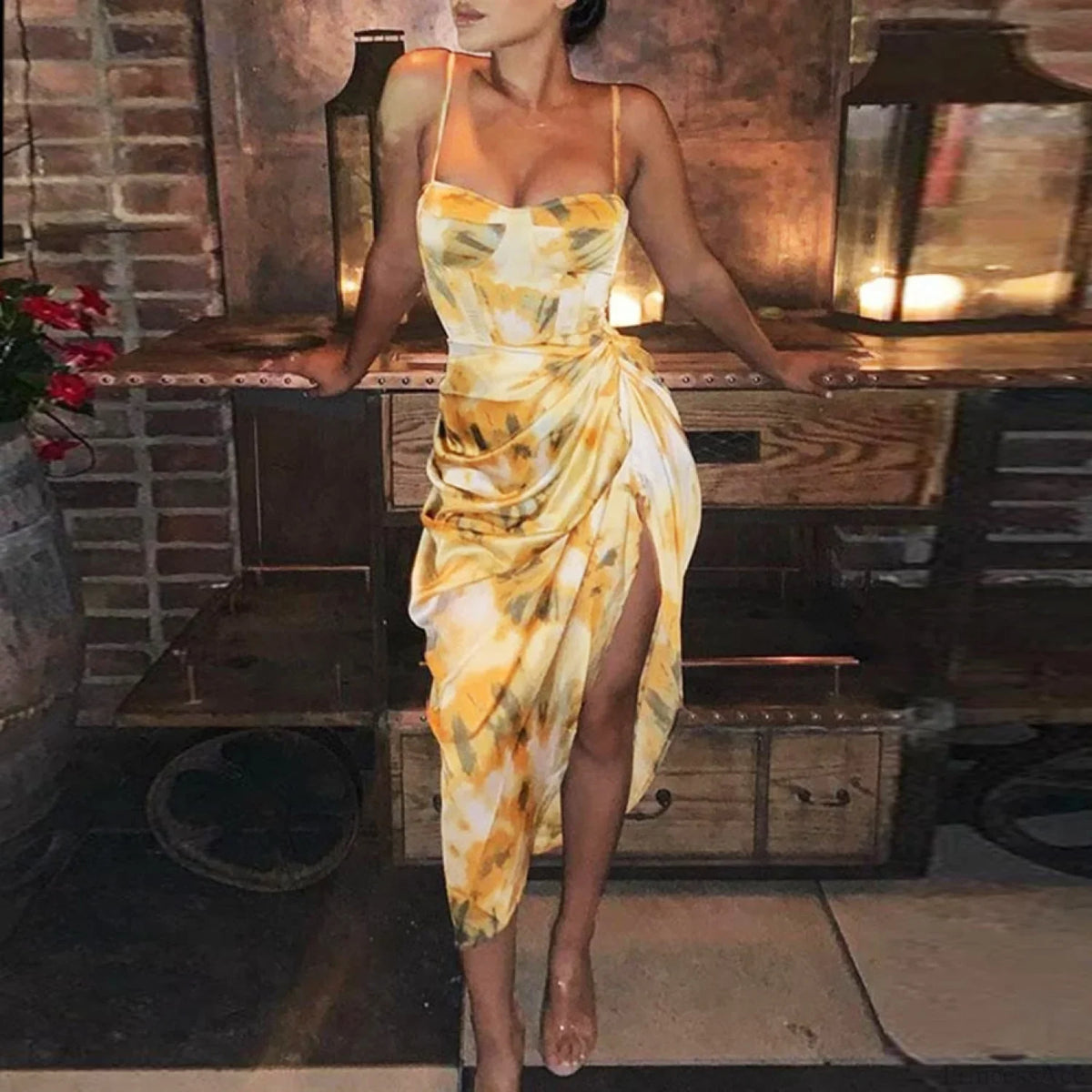 Strap Ruched Side Slit Irregular Hem Midi Dress