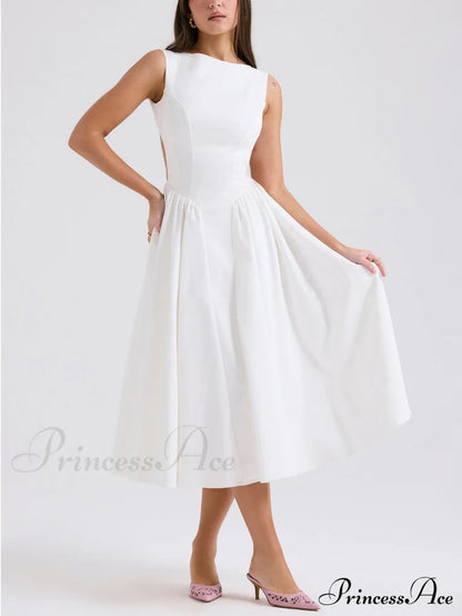 Stylish And Elegant Solid Color Trendy Round Neck Backless Sleeveless Midi Dress