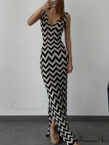 Summer V-Neck Striped Crochet Graceful Slit Sexy Maxi Dress
