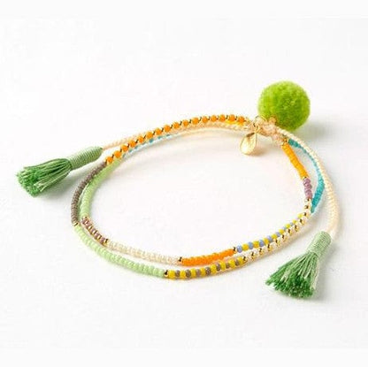 Tropical Beaded Double Strand Bracelet with Pom Pom Accents