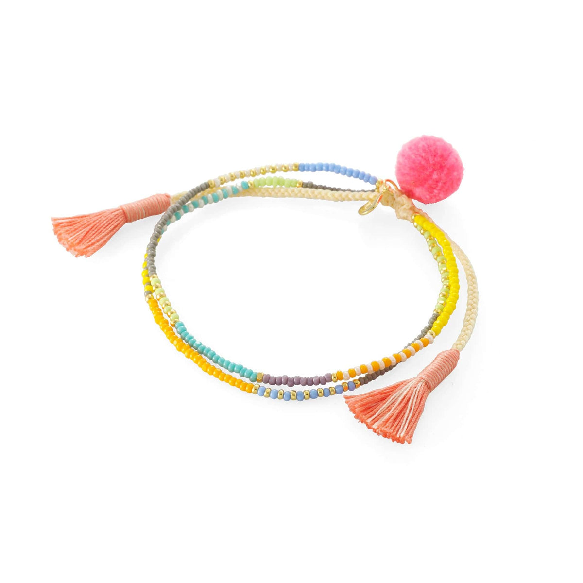 Tropical Beaded Double Strand Bracelet with Pom Pom Accents