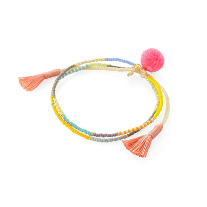 Tropical Beaded Double Strand Bracelet with Pom Pom Accents
