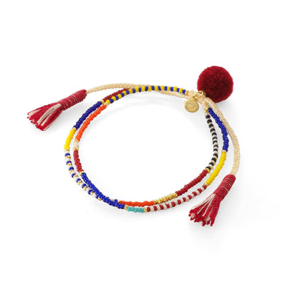 Tropical Beaded Double Strand Bracelet with Pom Pom Accents