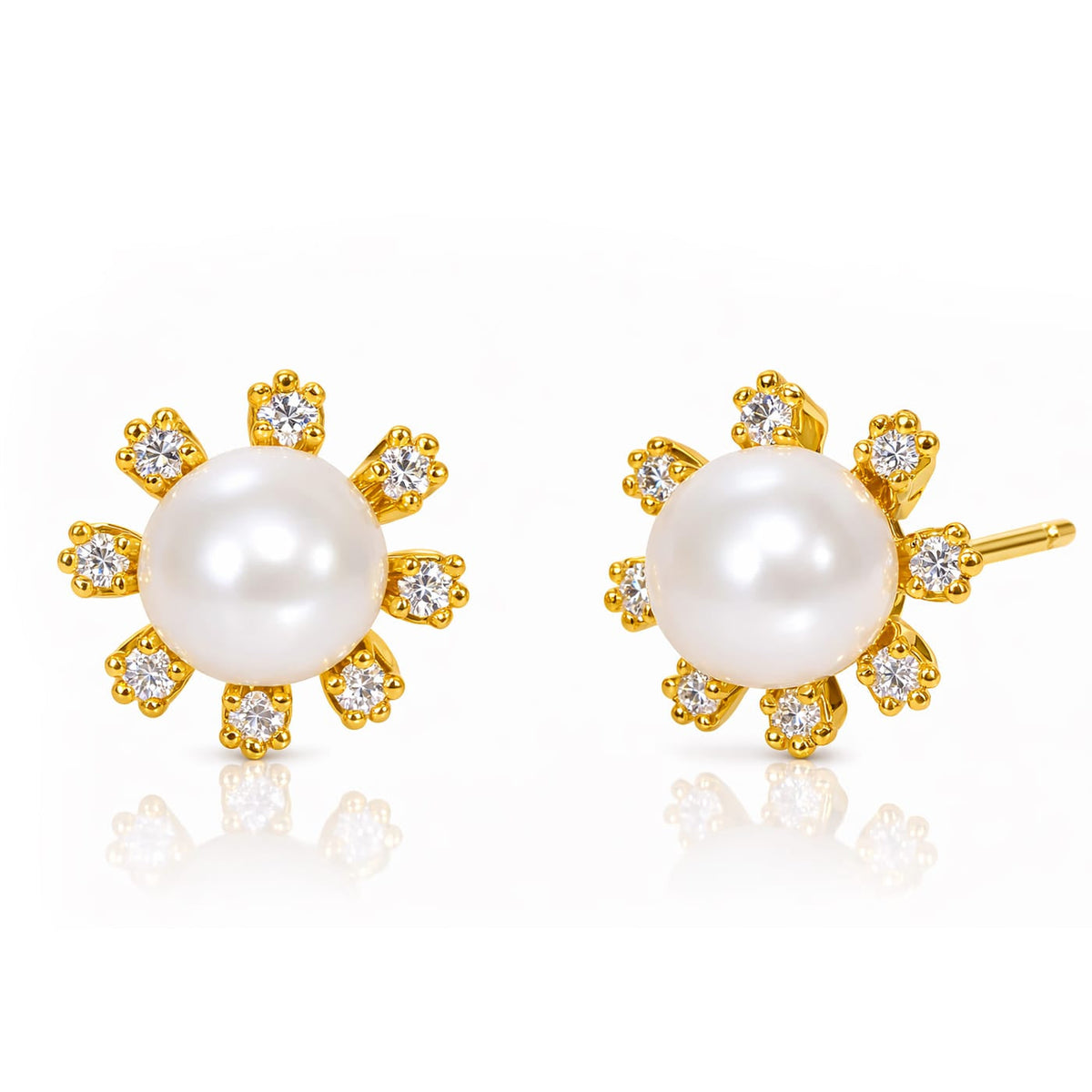 Freshwater Pearl Stud With Gold And Cz Flower Detail
