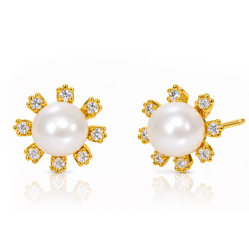 Freshwater Pearl Stud With Gold And Cz Flower Detail