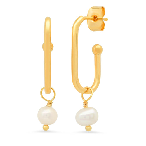 Gold Link Earrings With Pearl Charm