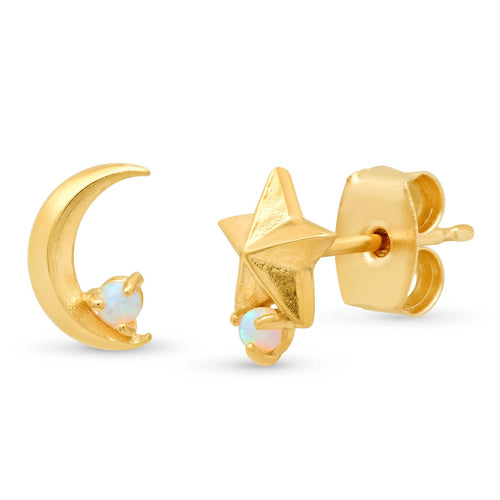Gold Mismatched Star Moon Studs With Opal Accents