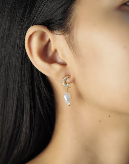 Moon And Star Pearl Drop Earrings