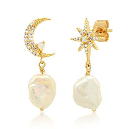 Moon And Star Pearl Drop Earrings
