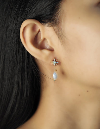 Moon And Star Pearl Drop Earrings