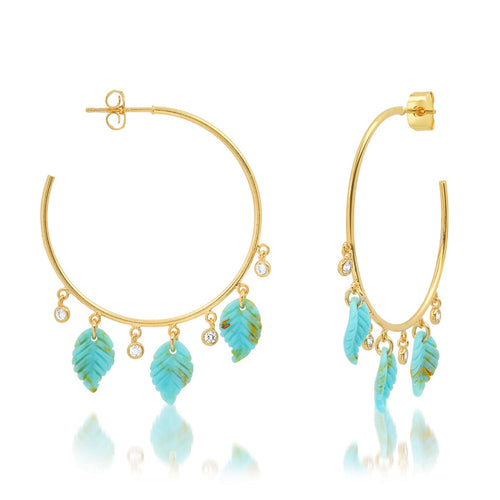 Turquoise Carved Leaf Hoops