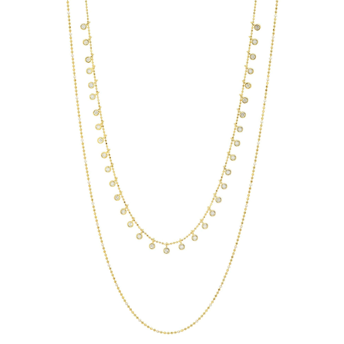 Double-Layered Ball Chain Necklace With CZ Accents