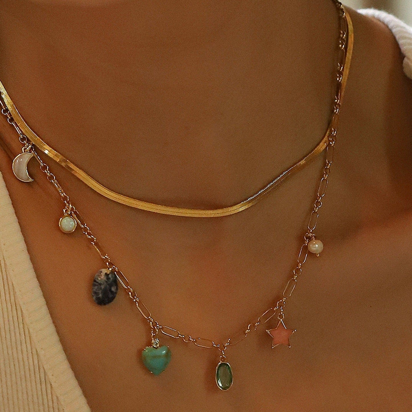 Heart and Moon Charm Necklace