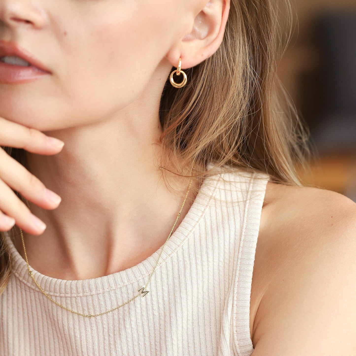 Sideways Initial Gold Necklace With CZ Accents