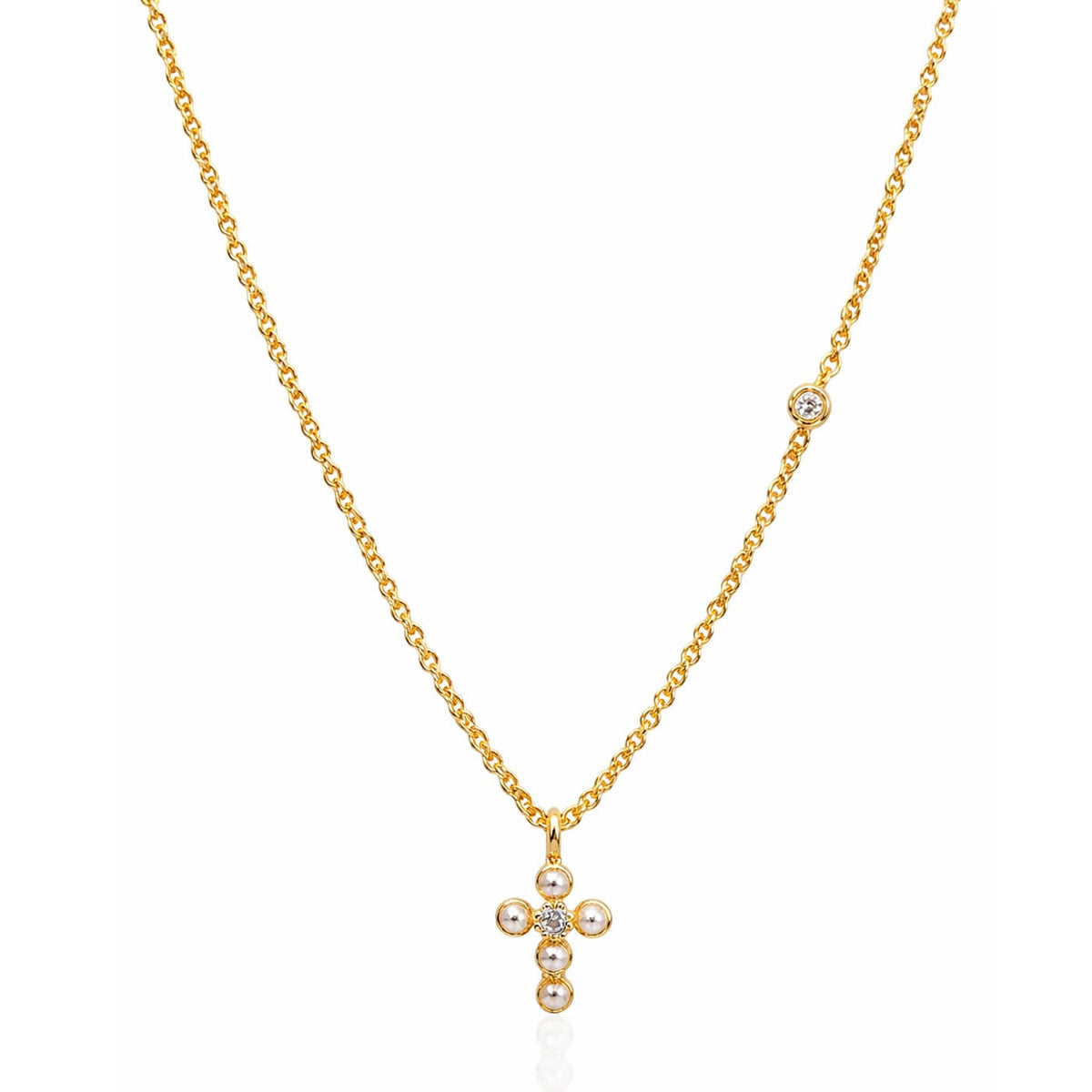 Simple Chain Necklace With Mini Gold Pearl Cross