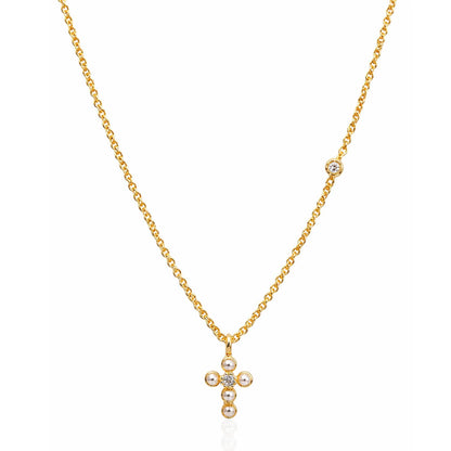 Simple Chain Necklace With Mini Gold Pearl Cross
