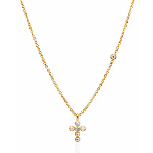 Simple Chain Necklace With Mini Gold Pearl Cross