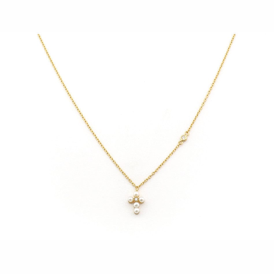 Simple Chain Necklace With Mini Gold Pearl Cross