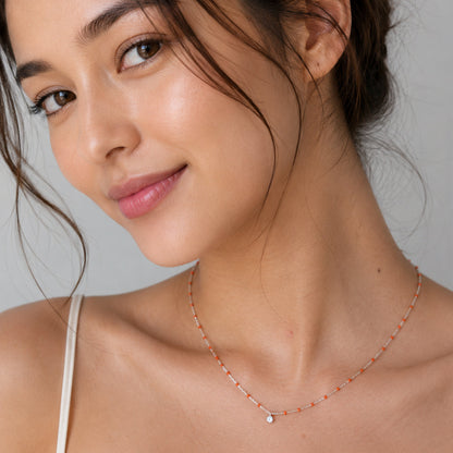 Sterling Silver Enamel Beaded Necklace With CZ