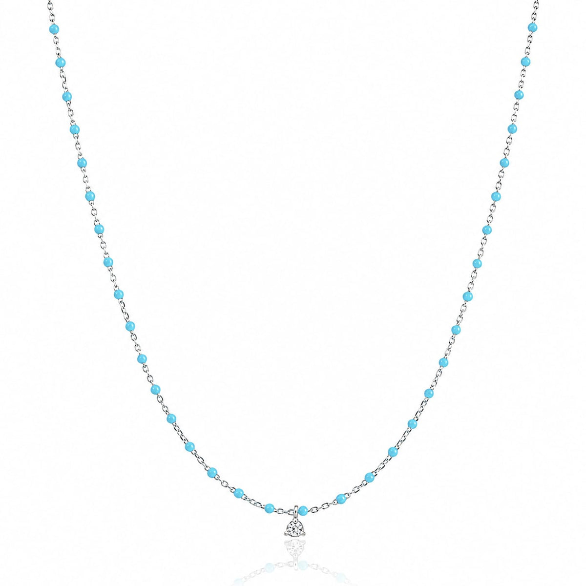 Sterling Silver Enamel Beaded Necklace with CZ (Turquoise)