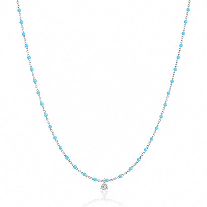 Sterling Silver Enamel Beaded Necklace with CZ (Turquoise)