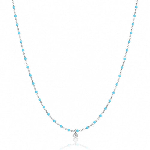 Sterling Silver Enamel Beaded Necklace with CZ (Turquoise)