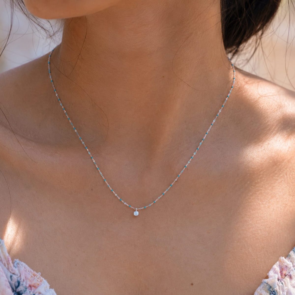 Sterling Silver Enamel Beaded Necklace with CZ (Turquoise)
