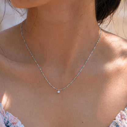 Sterling Silver Enamel Beaded Necklace with CZ (Turquoise)