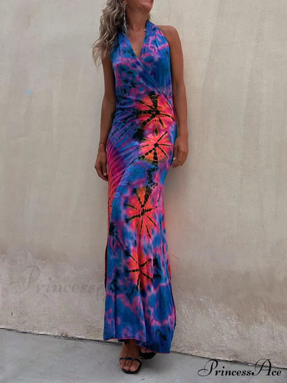 Tie-Dye Print Halter Charming Backless Stretch Maxi Dress