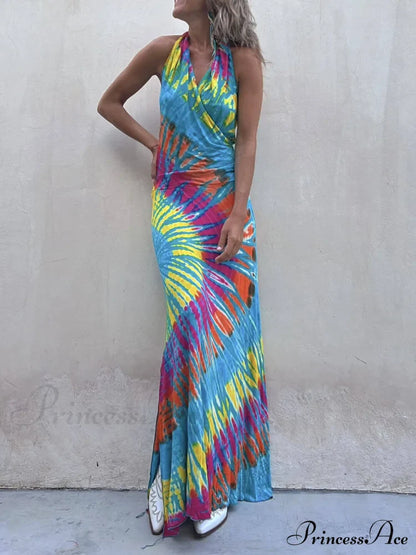 Tie-Dye Print Halter Charming Backless Stretch Maxi Dress