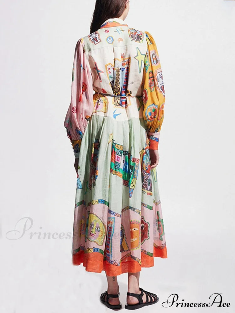 Unique Print Colorblock Balloon Graceful Sleeve Belt Shirt Midi Dress