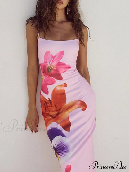 Unique Violet Floral Charming Print Strap Midi Dress
