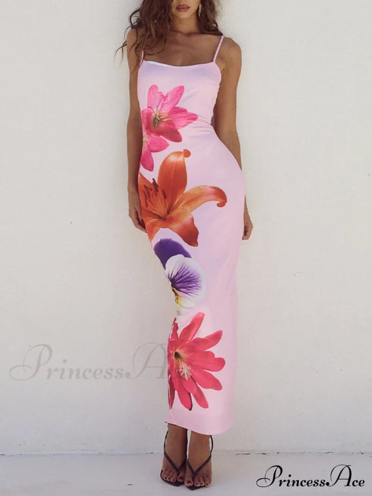 Unique Violet Floral Charming Print Strap Midi Dress
