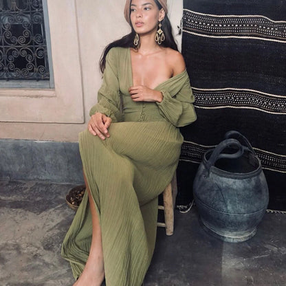 V Neck Button Down Maxi Dress