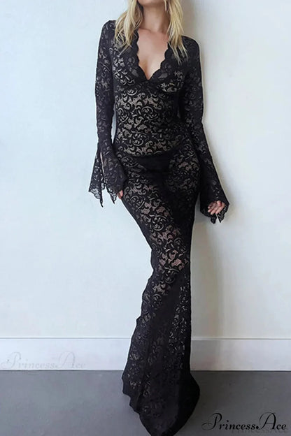 V Neck Lace Flare Sleeve Dress