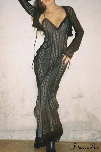V Neck Lace Two-Piece Dress with Slit