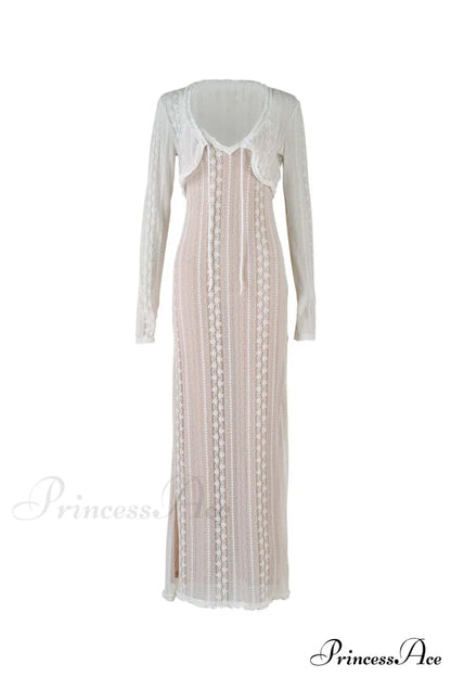 V Neck Lace Two-Piece Dress with Slit