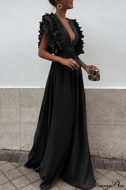 V Neck Ruffled High Waist Dress