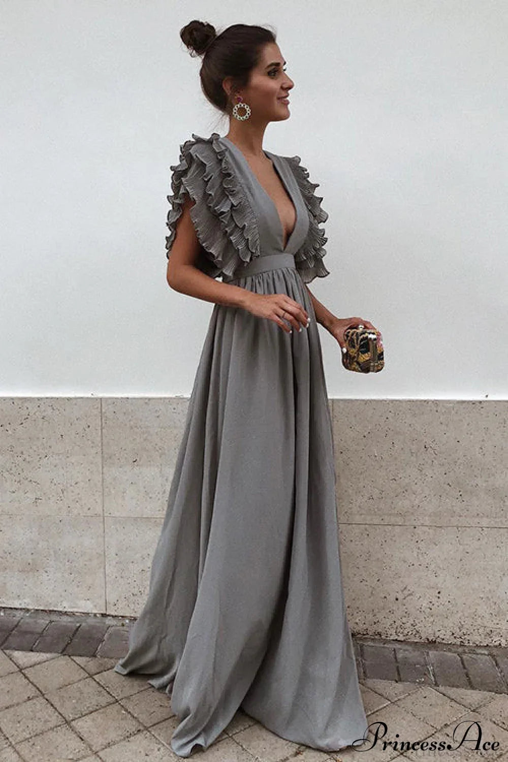 V Neck Ruffled High Waist Dress