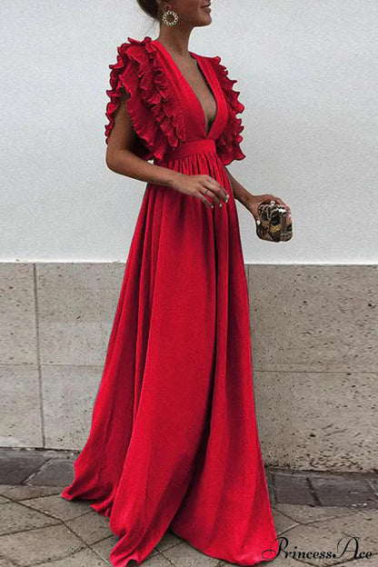 V Neck Ruffled High Waist Dress