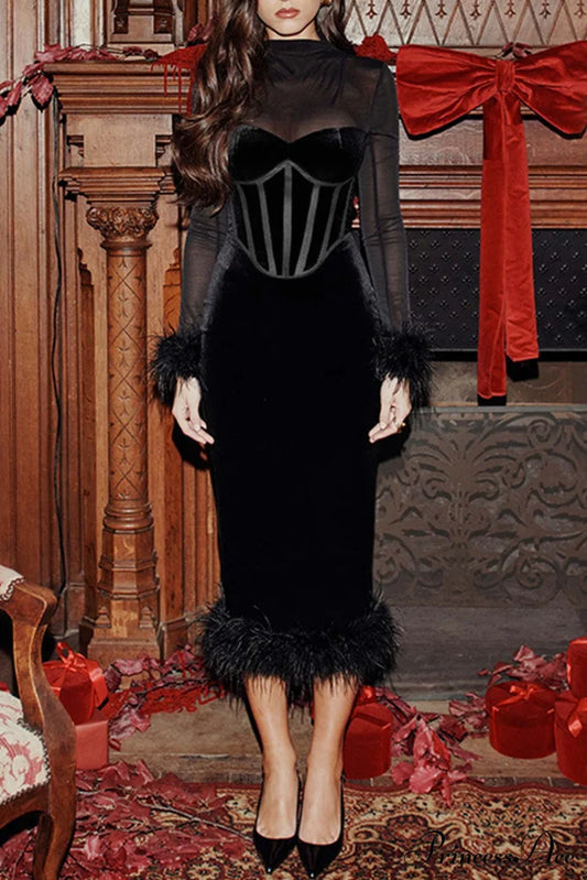Velvet Patchwork Fuzzy Hem Slit Dress