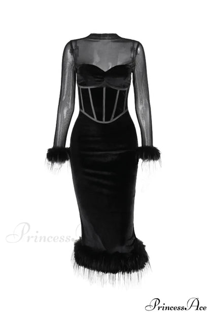 Velvet Patchwork Fuzzy Hem Slit Dress