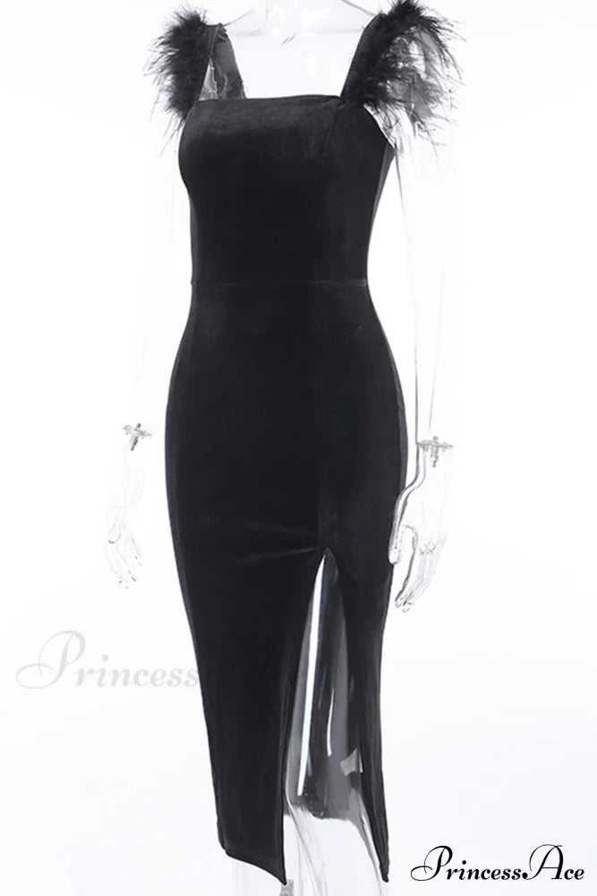 Velvet Split Dress with Fuzzy Shoulders