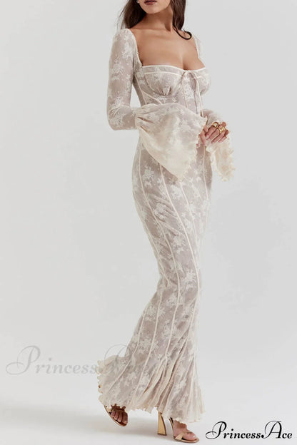 Vintage Cream Stylish Lace Maxi Dress