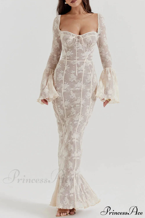 Vintage Cream Stylish Lace Maxi Dress