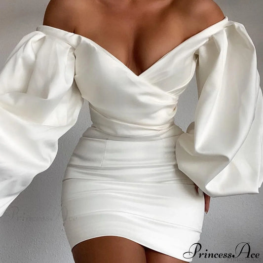 White Off Shoulder Puff Long Sleeve Satin Dress