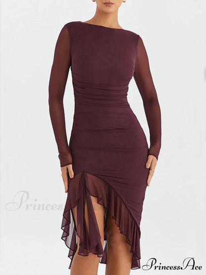 Wine Ruffle Stylish Midi Dress